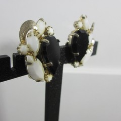 Vintage Milk Glass Earrings Black Glass Rhinestone Gold Tone Clip Ons