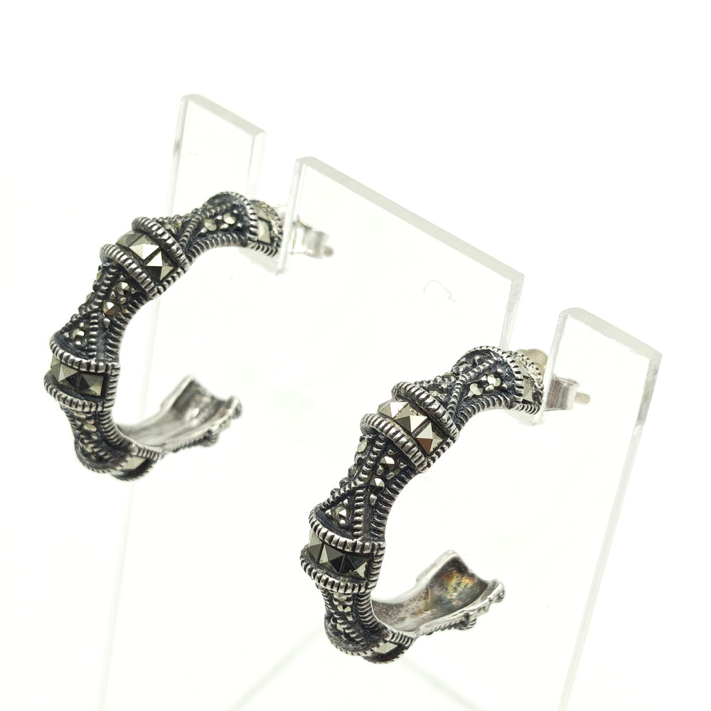 Vintage Judith Jack Sterling Silver 925 Marcasite Hoop Earrings