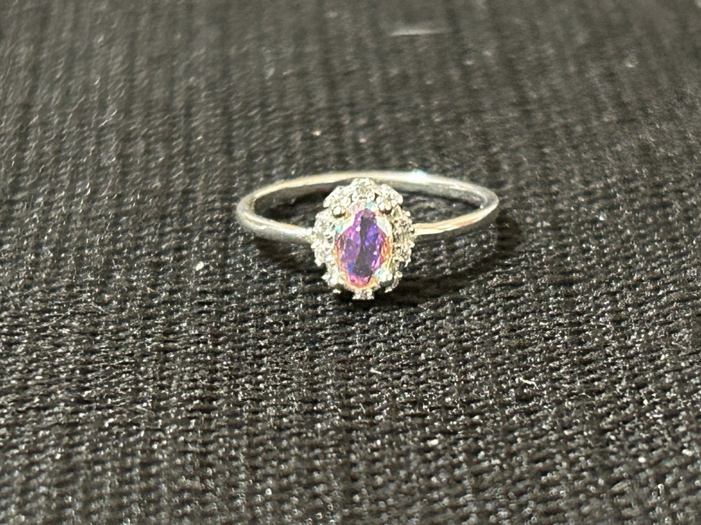 Vintage 925 Sterling Silver Aurora Borealis AB Halo CZ Multicolor Ring Size 6.25