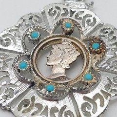 Vtg Central Brand 1936 Mercury Dime Cutout Silver Tone Pendant, Faux Turquoise