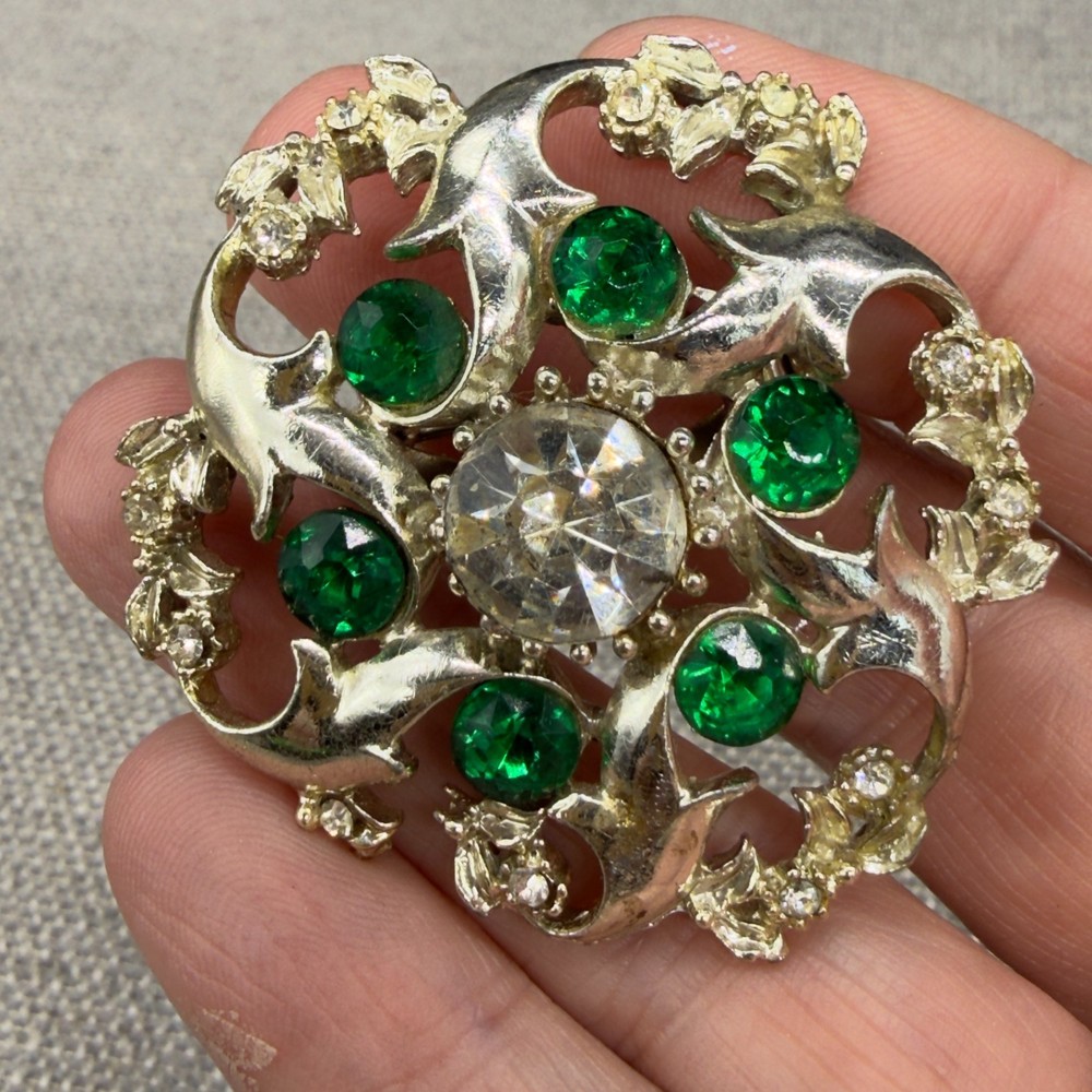 Vintage Floral Brooch Gold Tone Green Clear Rhinestones Open Work 2 Inches
