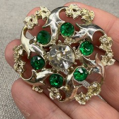 Vintage Floral Brooch Gold Tone Green Clear Rhinestones Open Work 2 Inches