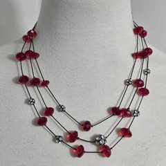 Nine West Multi-Strand Necklace Gunmetal-Tone Chain Red Beads White Rhinestones