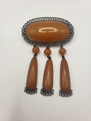 Vintage 1960s-70s Retro Revival Soviet Baltic Amber Teardrop Dangle Brooch Pin