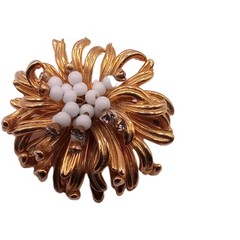 Vintage Gold Tone Floral Brooch White Milk Glass Beaded Rhinestone Pin 2 in D