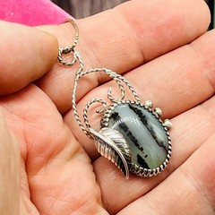 Sterling Silver Old Pawn 925 Necklace Pendant Southwest Moss Agate Oval Leaf 24″