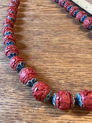 Carved Cinnabar Bead and Enameled Blue Metal Cap Vintage Beaded Necklace – 26”