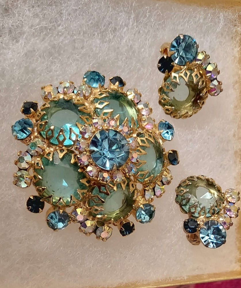 Juliana Delizza and Elster Blue RARE brooch and earrings set Hard To Find Set