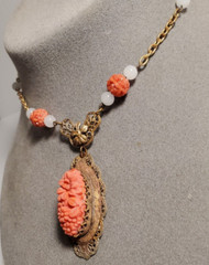 VTG ART DECO Coral Molded Glass Floral Necklace 1930s Glass & Brass 18″ Necklace
