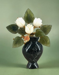 VTG SWOBODA Carved Jade & Coral Roses in Onyx Vase brooch -Read-