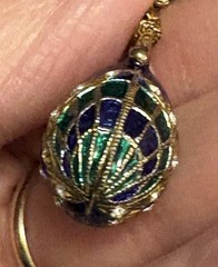 Vintage Egg Pendant Brooch Enamel Blue Green Rhinestone Marked 925 Fleur De Lis