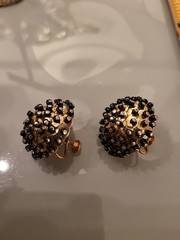 Vintage Handmade Studded Pins Beads Sequins Black/GoldOrnate Clip-On EarringsK49