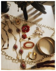 Estate Jewelry Red And Goldtone Mixed Necklace Bracelets Brooches Lot High End