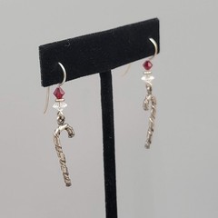 Vintage Christmas Candy Cane Pierced Earrings Silver tone Dangle Crystal 1.25″