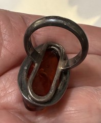 Bold Vintage Modernist Sterling Silver Unique Sculptural Cognac Amber Ring Sz 7