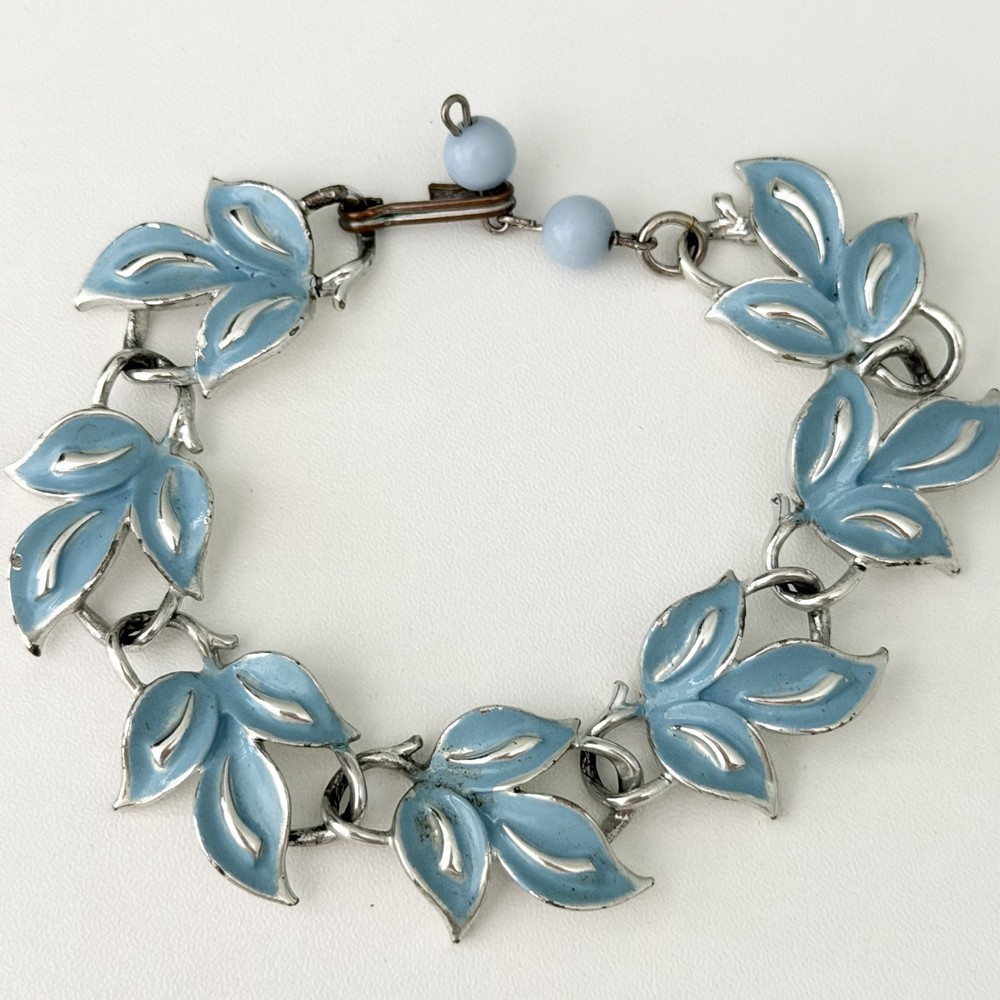 Vintage Blue Enamel Ivy Leaf Flower Bracelet Silver Tone 6.5″