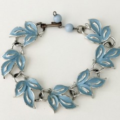 Vintage Blue Enamel Ivy Leaf Flower Bracelet Silver Tone 6.5″