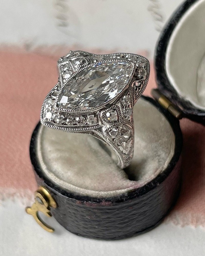 Early Art Deco Marquise Lab Created Diamond Wedding Engagement 925 Silver Ring