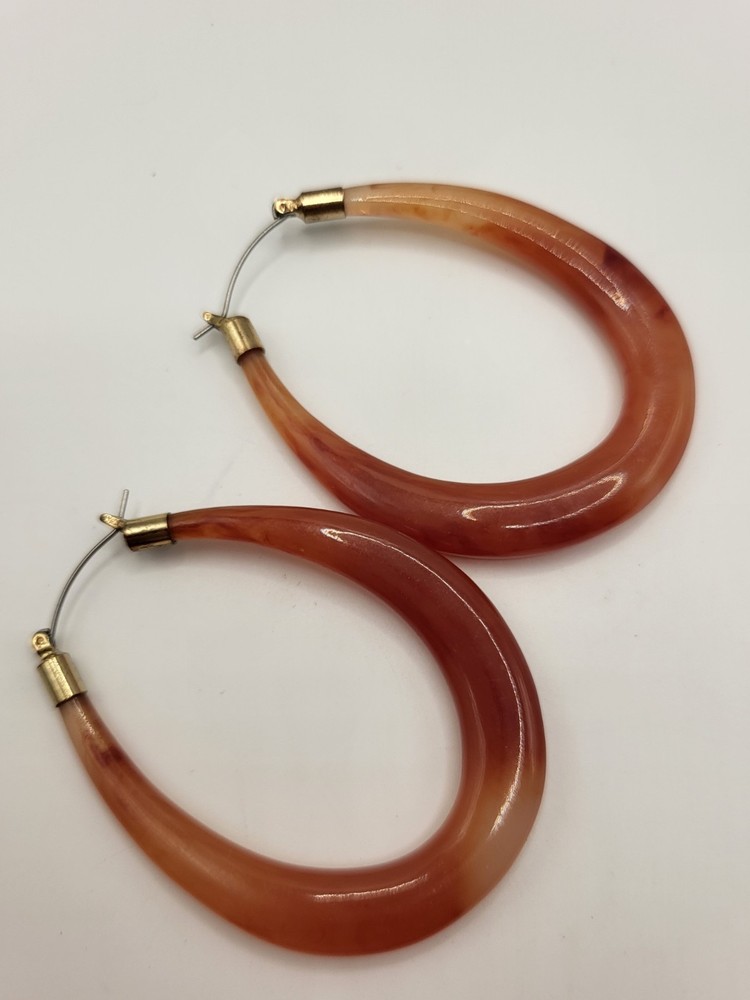 1970s-80s Retro Lucite Amber-Toned Large Crescent Hoop Earrings Pierced 2.5″