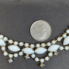 Vintage 16″ Milk Glass Rhinestone Bib Necklace White Gold