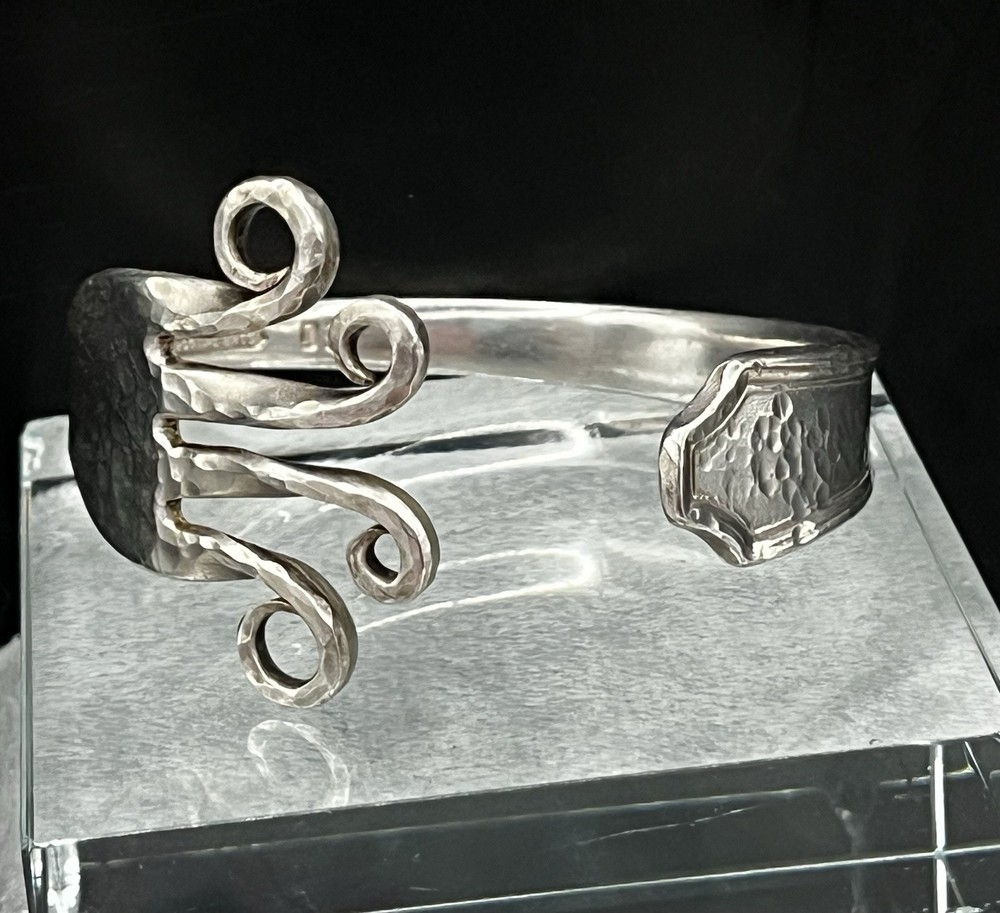 VTG. Hand Crafted Silver Plate Folk Art Hammered Fork Cuff Bracelet 7.25”