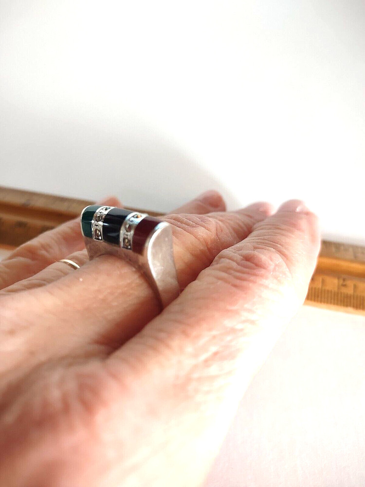 Vintage Sterling 925 ND NP? High Profile Modernist Inlay Ring Size 8.5 *7 Grams