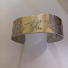 Vtg Engraved Nickel Silver Floral Cuff Bracelet Adjustable