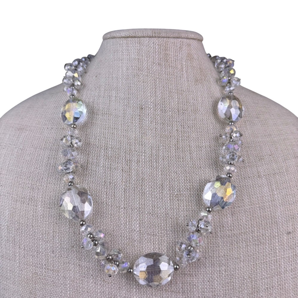 Vintage Womens Clear Crystal Bead Necklace & Earrings Set Adjustable Chain