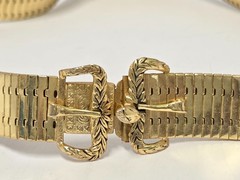 Whiting & Davis Fringe Buckle Necklace Vtg Gold Plated Mesh Metal 17″ Band 1/2″