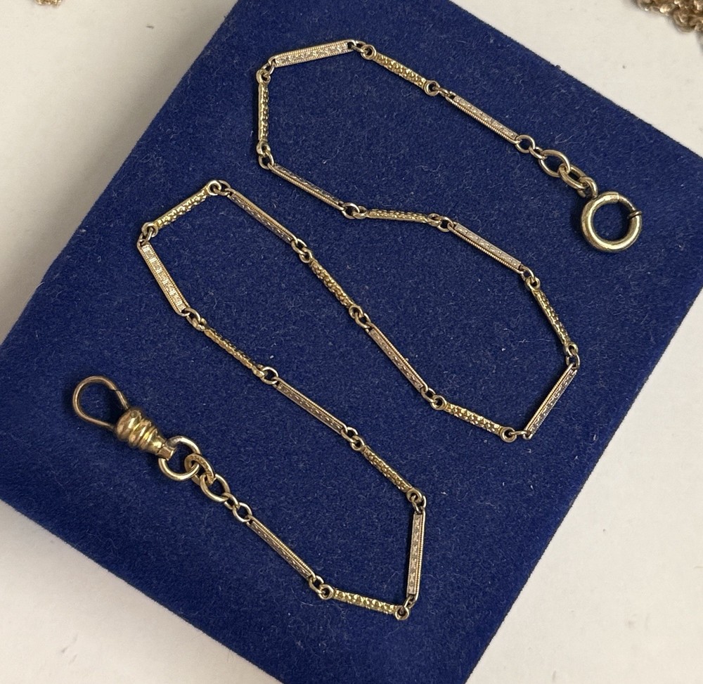 4.7g 2 Tone Gold Filled Fob Detail Bar link 13.5” 2.4mm victorian Gf Watch Chain