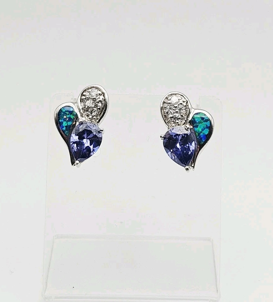 Sterling Silver 1.50ct TW Tanzanite, Opal & CZ Post Back Earrings