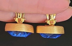 Vintage Mary Frost Crystal Royal Blue Gold Clip Earrings Statement Runway