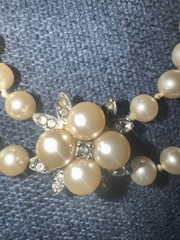1940’s Vintage Faux Pearl Necklace Earrings Set Double Strand Rhinestone Floral