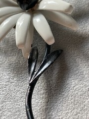 Vintage Enameled Metal Black/ White Flower Brooch 3.5 X 2 Inches