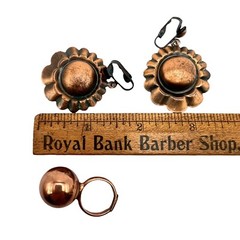 Vintage Copper color Clip Floral Earrings and Adjustable Ball Ring