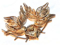 Vintage Silver Pin Filigree Lovebirds in Nest with Eggs with Gold Plate