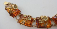 Antique Art Deco Amber Glass Link Floral Brass Bracelet Geometric Neiger Brother