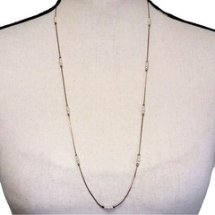 Vintage 80s Faux Pearl Station Necklace 29″ Gold Tone Liquid Chain Tin Cup Korea