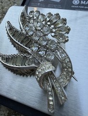 Vintage Pennino Brooch Rhinestone Floral Baguette Stones Glass Repaired Jewelry