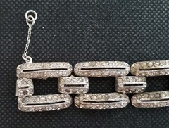 Antique Art Deco Pot Metal Paste Rhodium Plated Bracelet & Safety Chain 1920s