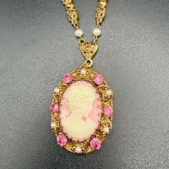 Vintage West Germany Pink Cameo Necklace Exceptional Brass Filigree 1960s