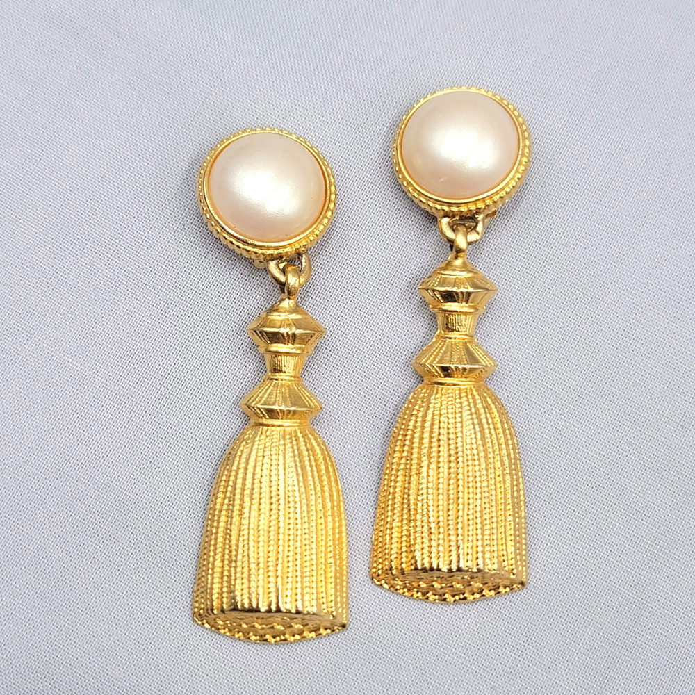 Vintage Ben-Amun Faux Pearl Clip On Earrings Gold Plated Run Way Tassel 3 1/8″