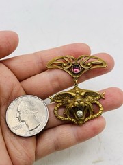 Antique Vintage Art Nouveau Gothic Gargoyle Griffin Crystal Gold Tone Pendant