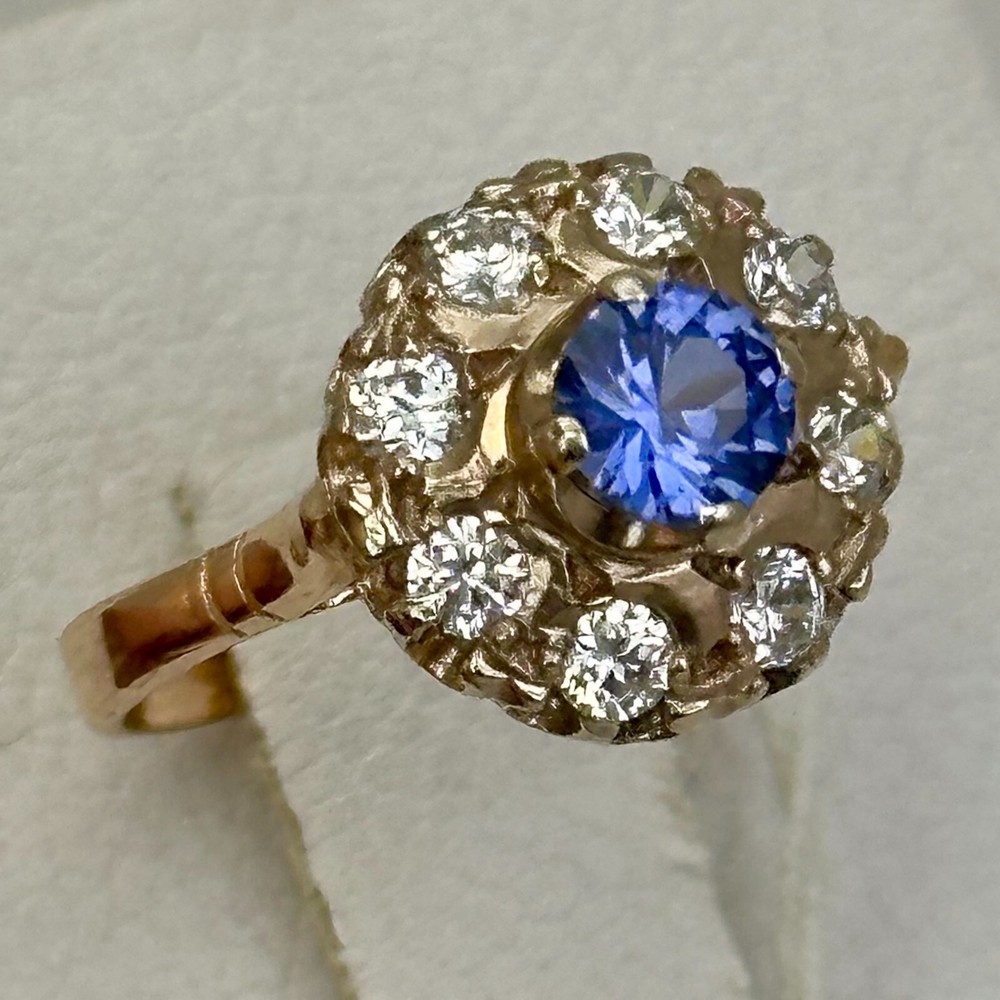 Vintage Original Rose & White Gold Sapphire (lab. made) Ring 583 14K 3.68 g.