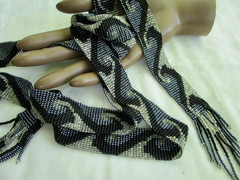 vintage 56-inch necklace or belt, beaded in blue, white, black wave pattern