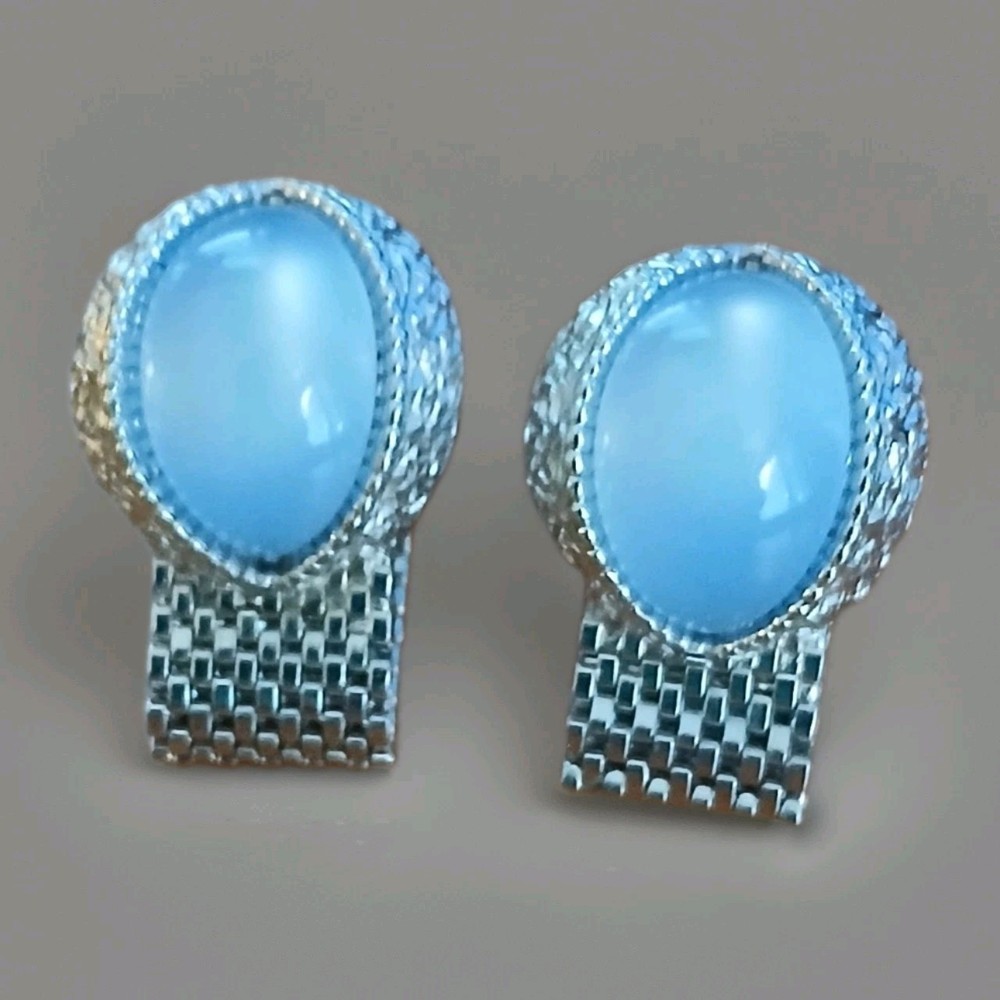 Vtg Swank Designer Thermoset Blue Moonglow Rhodium Plate Cufflinks