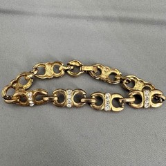 Vintage Gold Tone Rhinestone Scroll Link Bracelet 7.5 Inch Fold Over Clasp