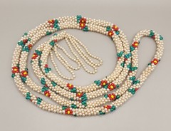 Vintage 1960s Bead Crochet Lariat Tassel Necklace Faux Pearl Floral Rope 48″