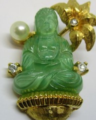 Vintage Buddha Faux Jade Glass and Rhinestone Pin