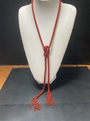 Vintage Lariat Necklace Flapper Red Beaded Tassel 45” Soft Lightweight Easy